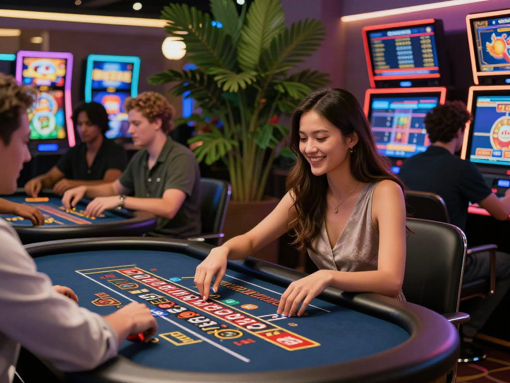 Exciting scene at a non gamstop casino UK with players enjoying games, vibrant atmosphere, and engaging social interactions.