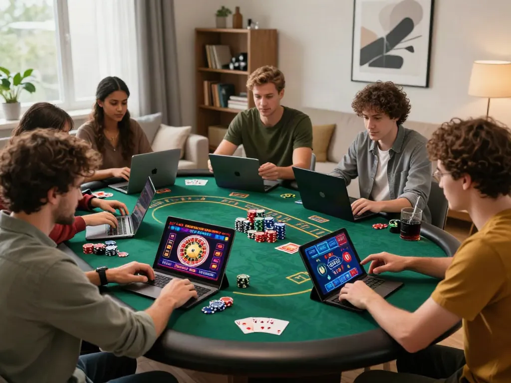 Exciting online gaming scene showcasing players enjoying non Gamstop casino games in a cozy living room setting.