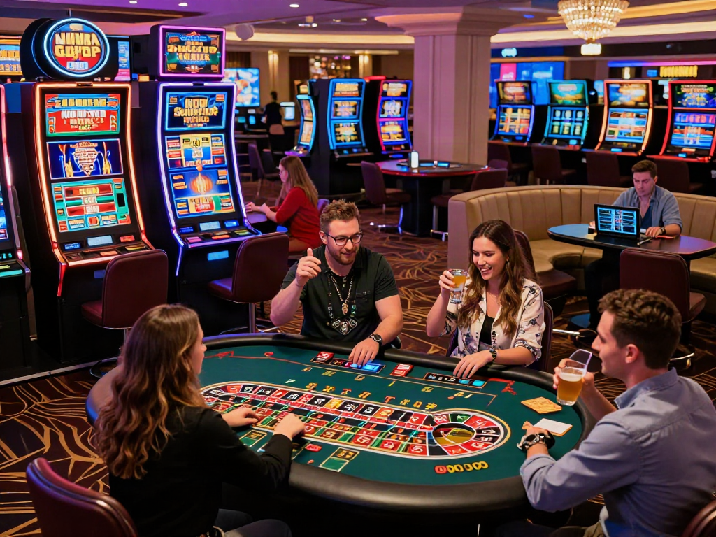 Exciting scene of players enjoying non gamstop casino UK games with vibrant atmosphere and digital displays.