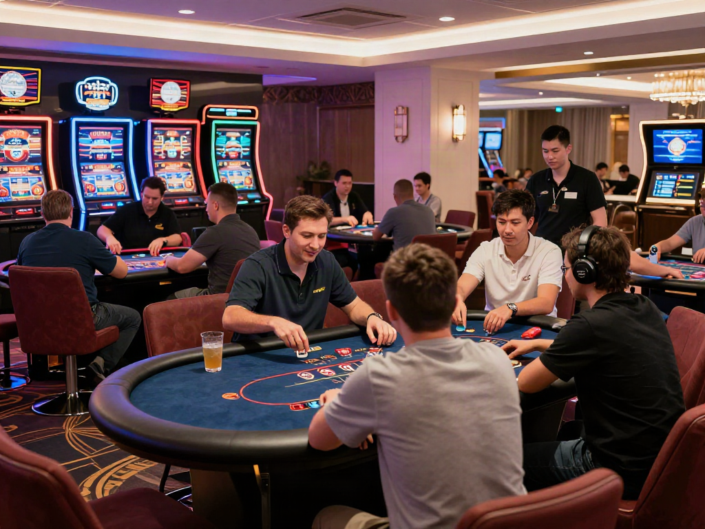 Non GamStop casino UK vibrant gaming lounge atmosphere with players and tables.