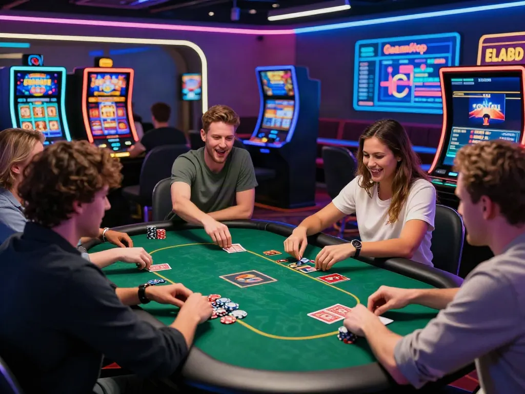 Players enjoying games at a non GamStop casino UK with vibrant neon lights and engaging digital interfaces.