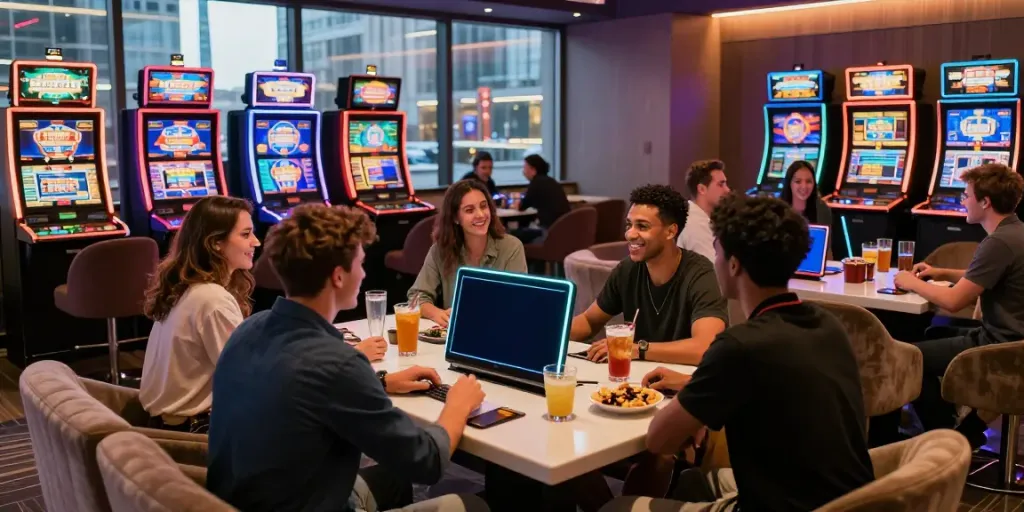 Engaging scene of friends enjoying games at a non gamstop casino UK, showcasing a vibrant atmosphere.