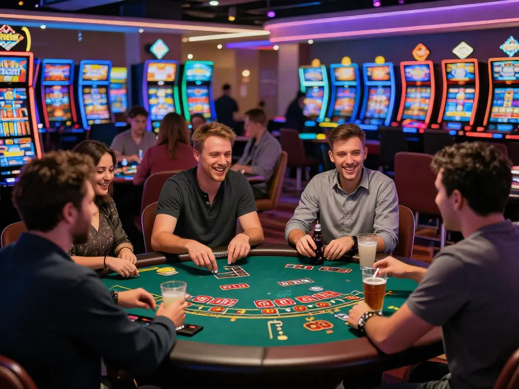 Exciting scene in a non Gamstop casino UK, players engaged at gaming tables amidst vibrant neon lights.