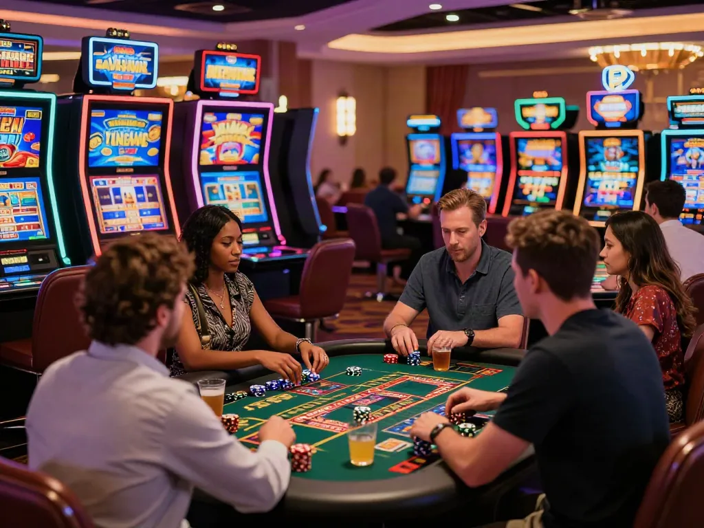 Non GamStop casino UK with vibrant gaming tables and engaged players enjoying an exciting atmosphere.