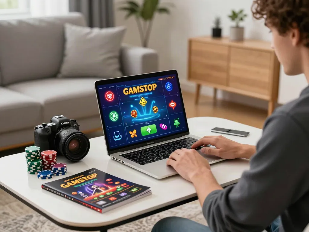 Player engaged in gaming at non gamstop casino uk, surrounded by colorful chips and a cozy atmosphere.