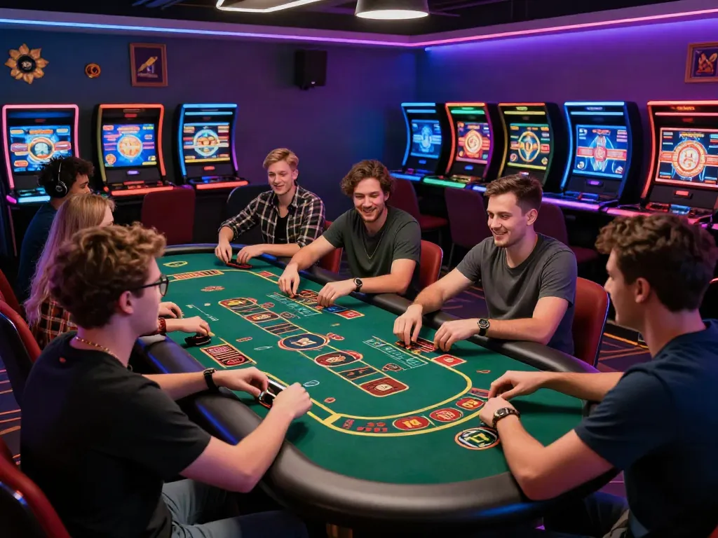 Friends enjoying an exciting gaming session at a non GamStop casino UK, surrounded by vibrant lights and gaming screens.