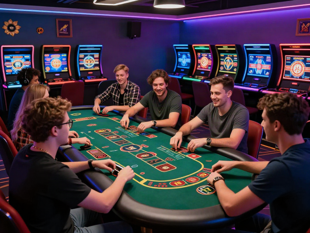 Friends enjoying an exciting gaming session at a non GamStop casino UK, surrounded by vibrant lights and gaming screens.