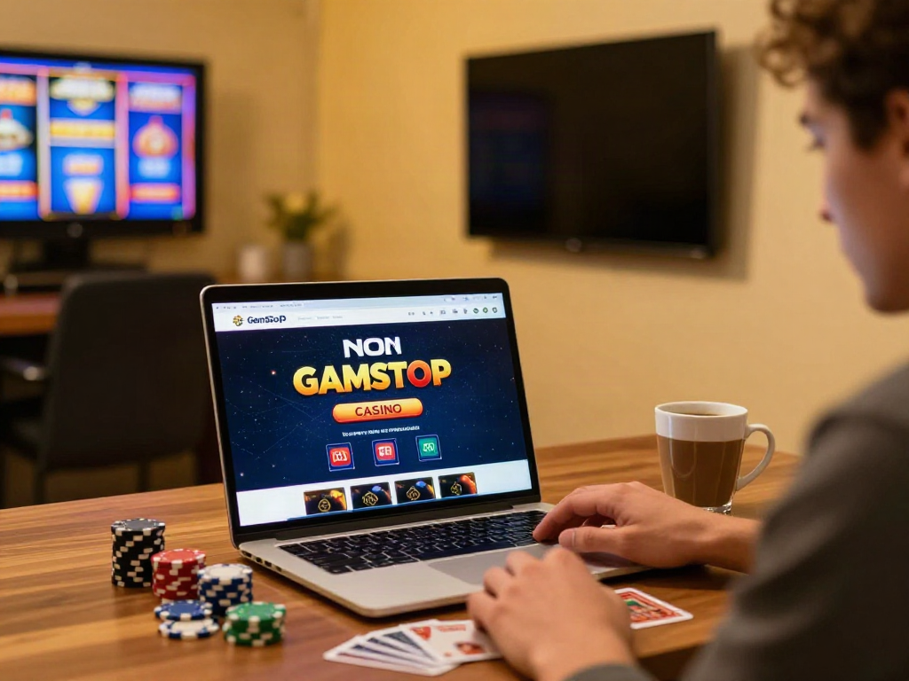 Engaging player at a non gamstop casino uk enjoying online games in a cozy setting.