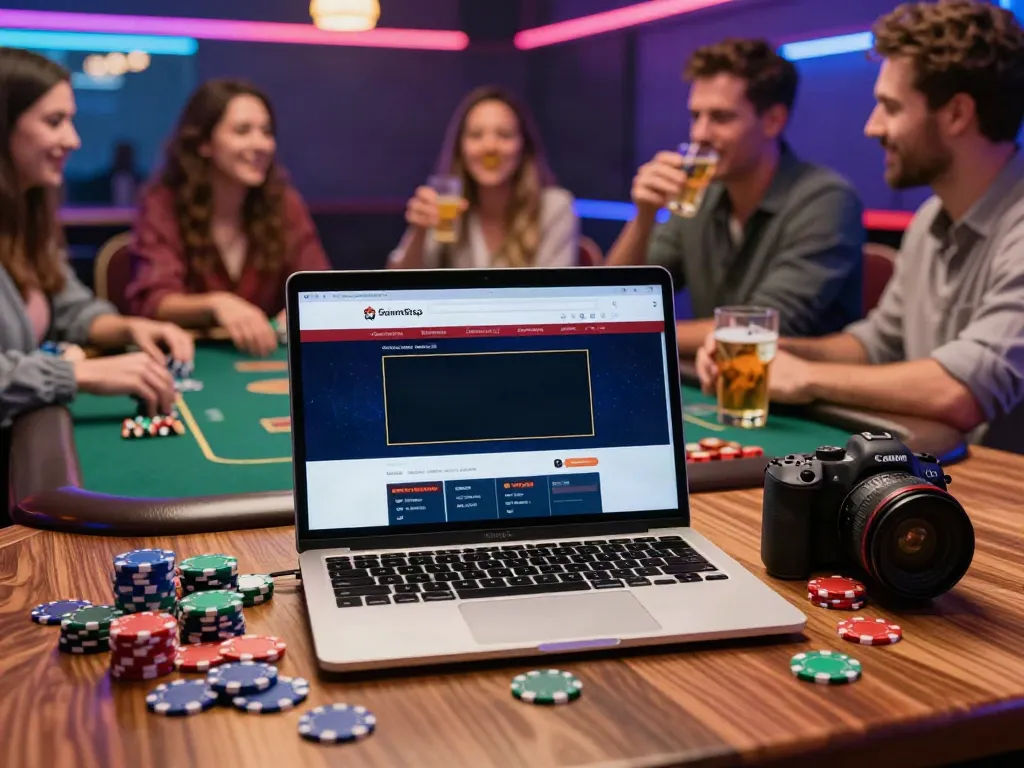 Exciting non gamstop casino uk scene with friends gaming online, vibrant atmosphere, and colorful chips.