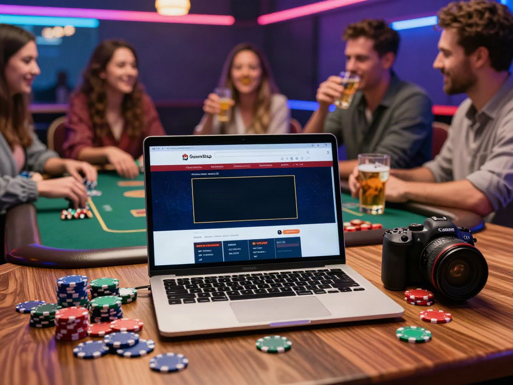 Exciting non gamstop casino uk scene with friends gaming online, vibrant atmosphere, and colorful chips.