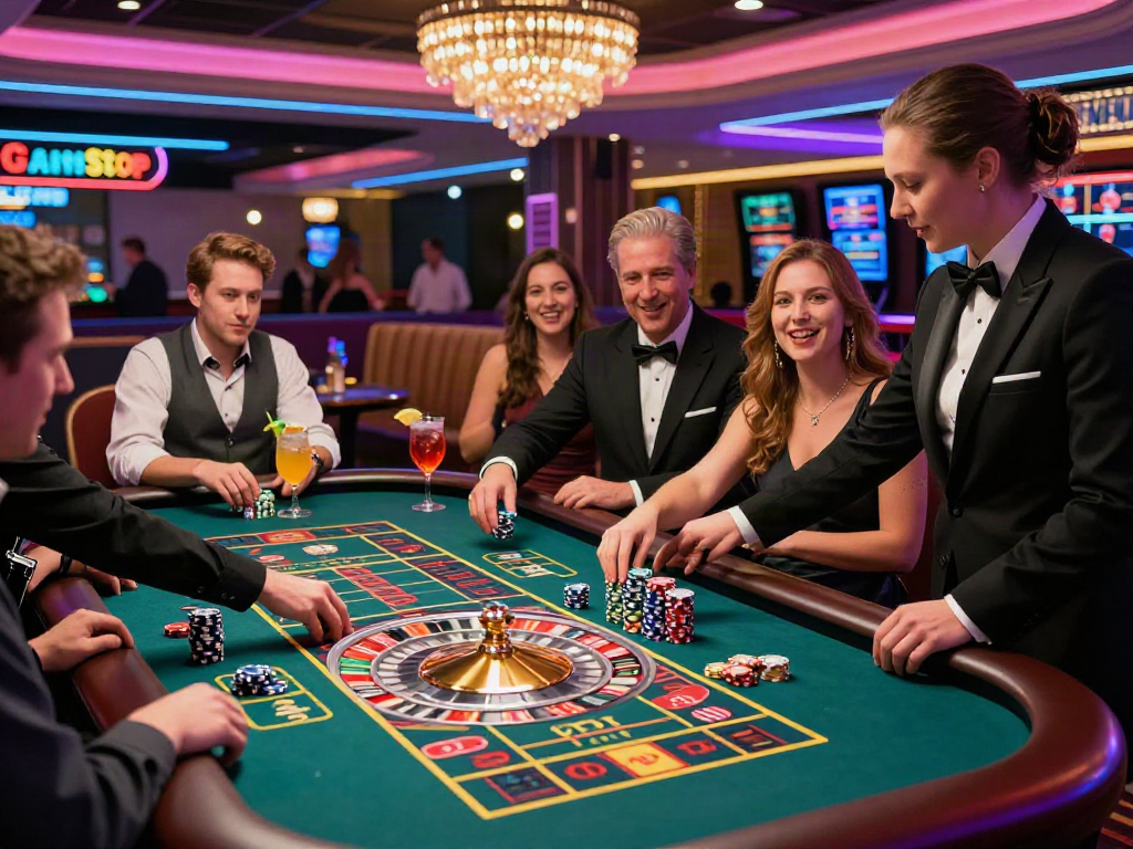 Exciting atmosphere at a non GamStop casino UK with players enjoying roulette.