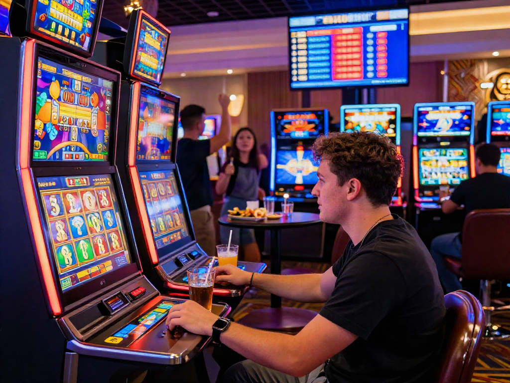 Engaging scene at a non GamStop casino UK, showcasing a player immersed in vibrant slot machines and a lively atmosphere.