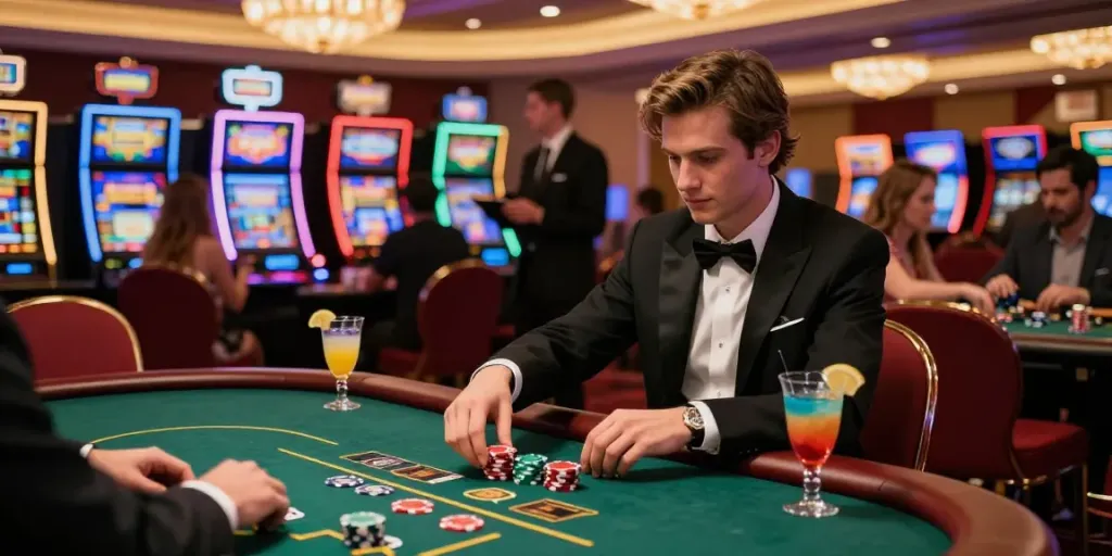 Engaging scene of a confident player at a non gamstop casino UK poker table, surrounded by vibrant slot machines and luxurious decor.