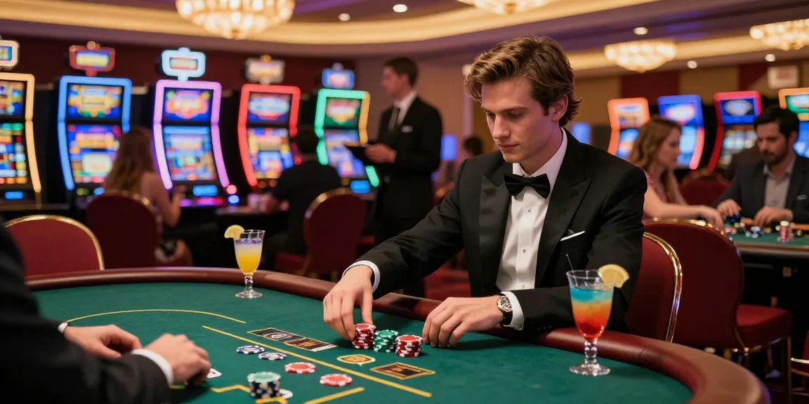 Engaging scene of a confident player at a non gamstop casino UK poker table, surrounded by vibrant slot machines and luxurious decor.