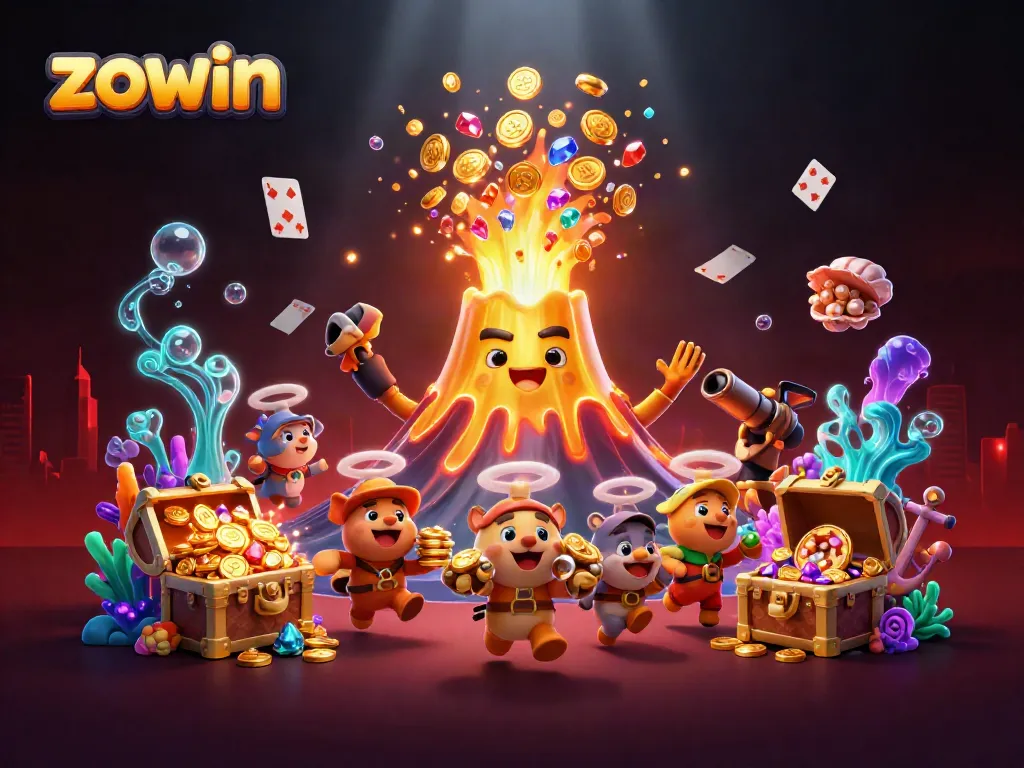 Zowin illuminates victory amidst treasure-filled volcanic chaos in this vibrant casino-themed artwork.