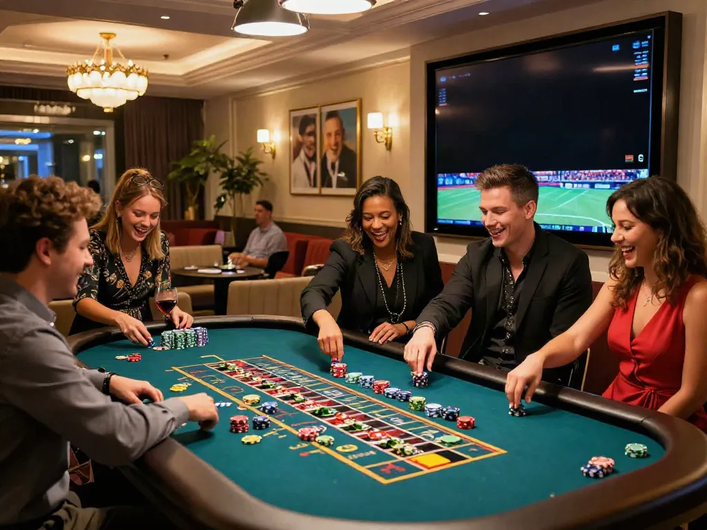 Exciting scene at a non gamstop casino UK with friends at a roulette table.