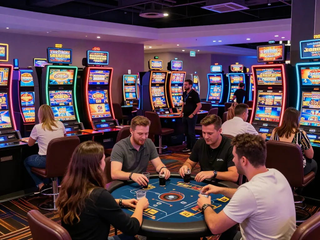 Exciting non GamStop casino UK scene with players engaging in games, vibrant atmosphere.