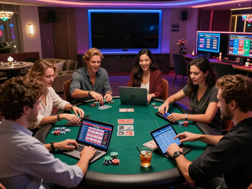 Group enjoying non gamstop casino uk games on laptops, vibrant atmosphere with LED lights.