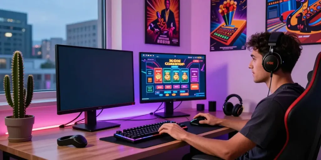 Engaged gamer at a non GamStop casino setup in a stylish apartment during twilight.