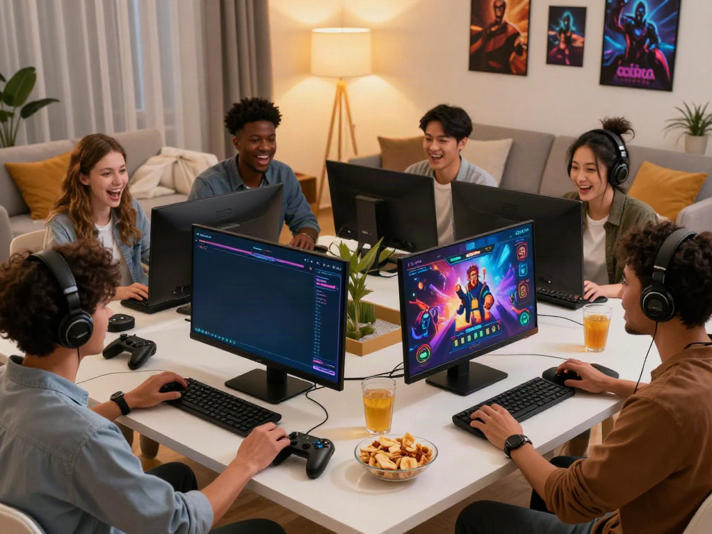 Diverse friends enjoying a gaming night around a non GamStop casino game, surrounded by snacks and excitement.