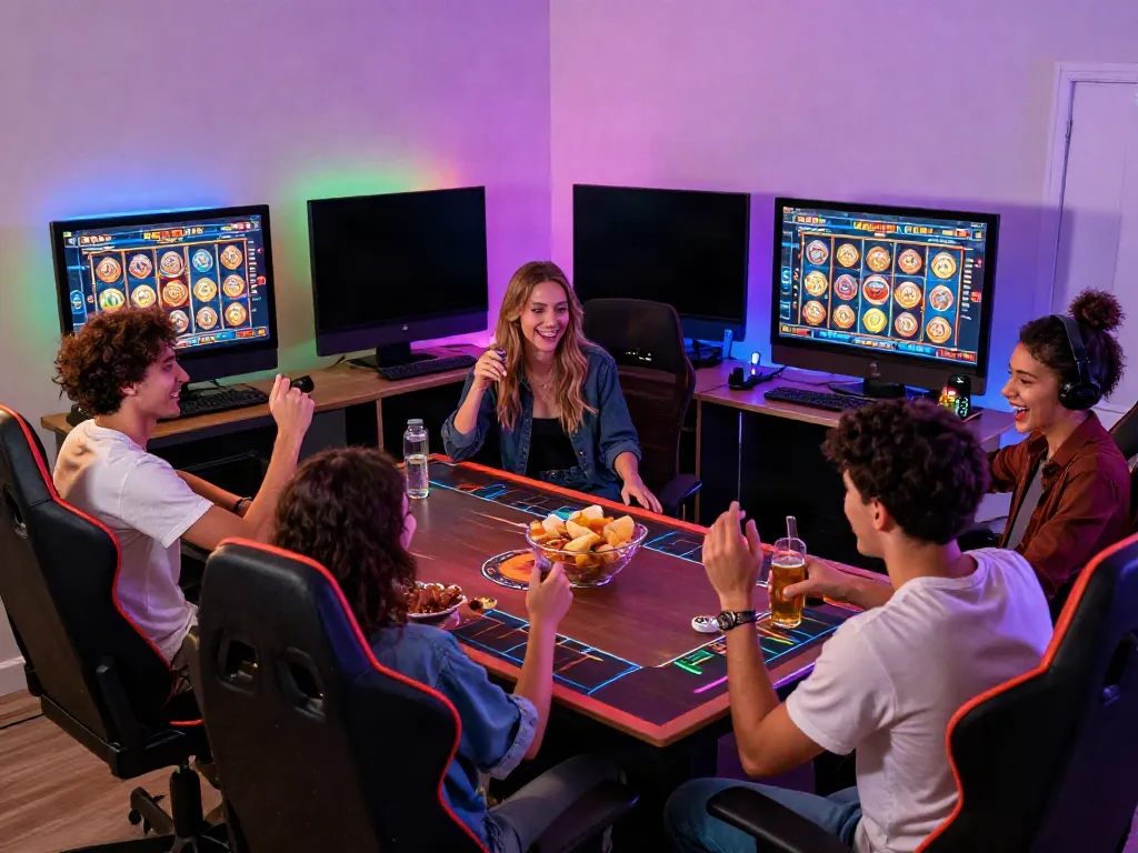 Friends engaging at a non GamStop casino UK online game night with vibrant decor and excitement.