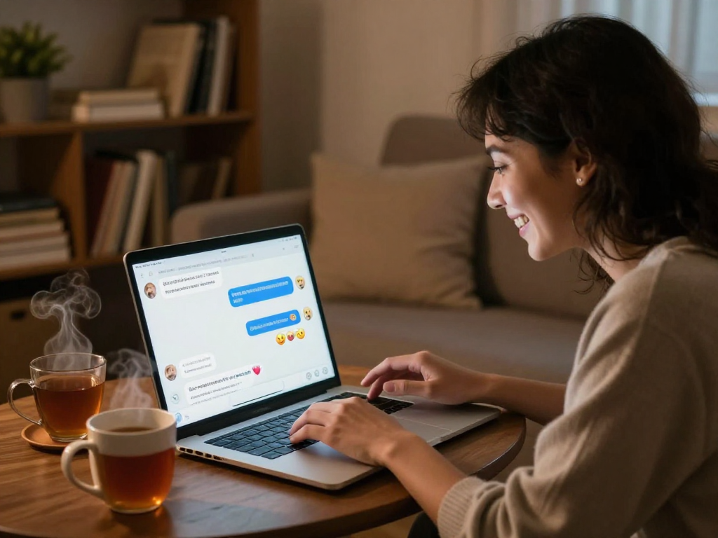 Couple enjoying ai sex chat on a laptop in cozy living room.