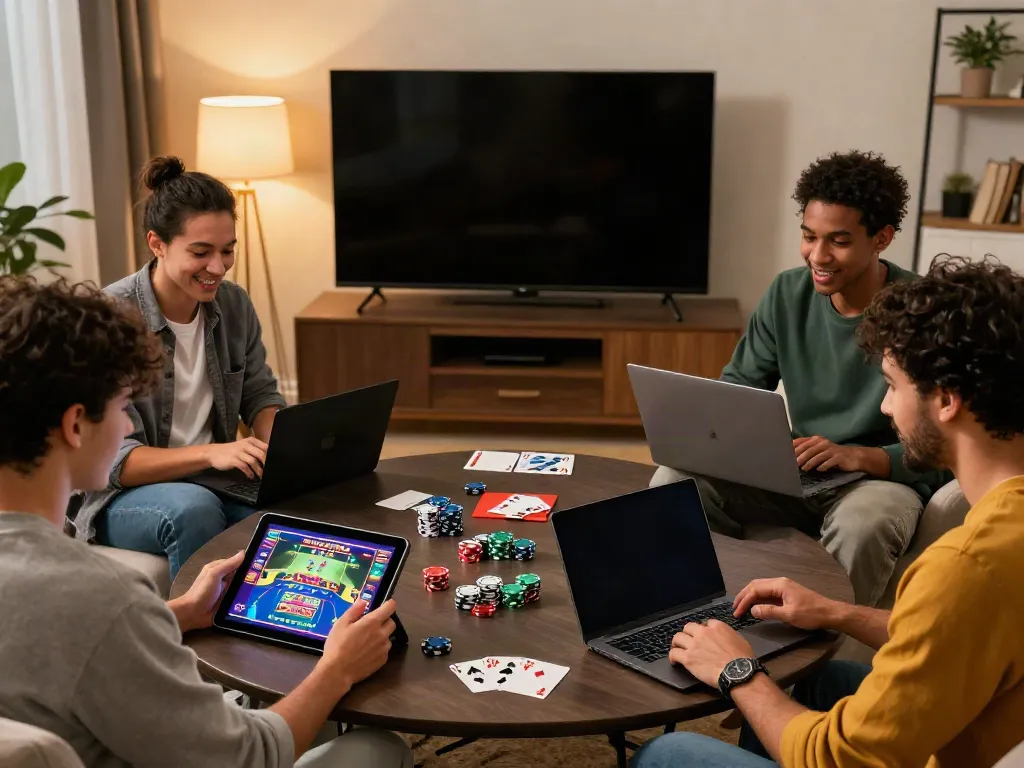 Diverse players enjoying non gamstop casino games in a cozy living room, showcasing a lively and engaging atmosphere.