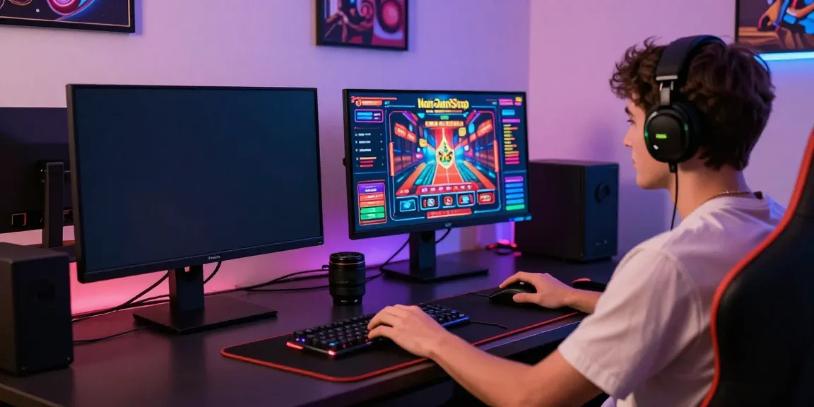 Engaging scene of a user enjoying a non-gamstop casino game at a modern gaming desk.