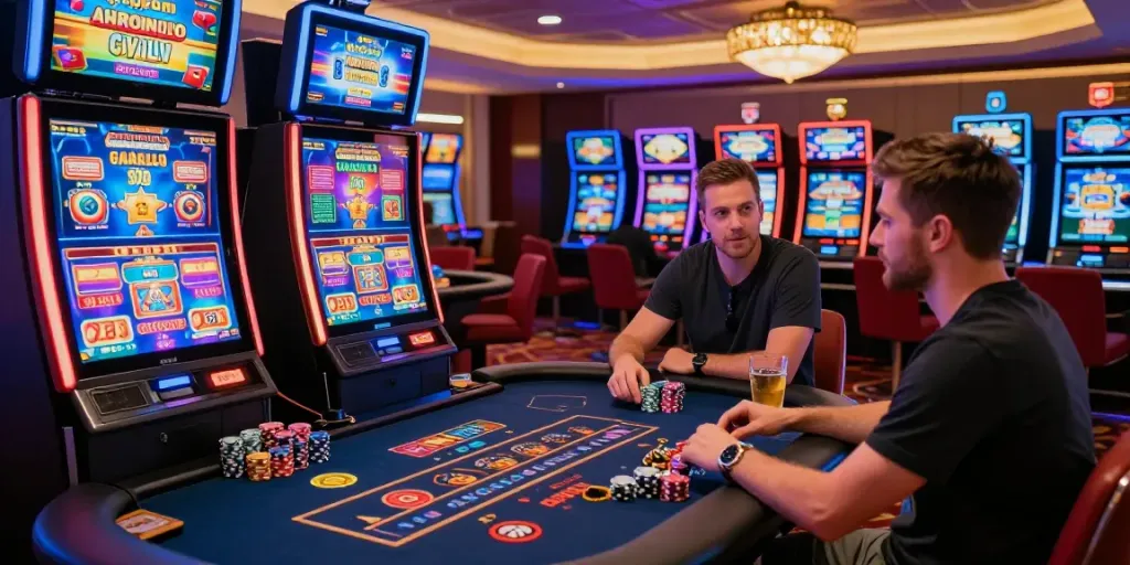 Exciting non GamStop casino UK experience with vibrant gaming tables and slot machines.