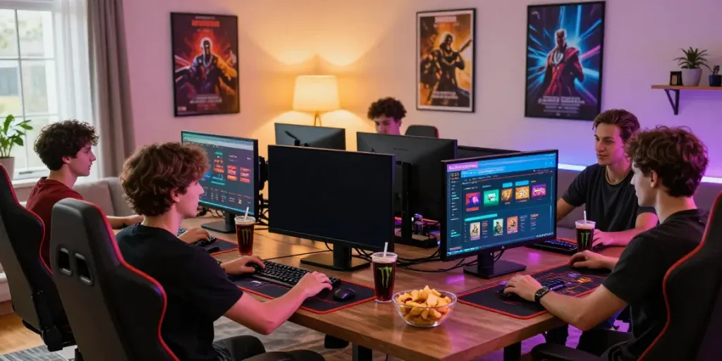 Friends playing at a non gamstop casino UK setup in a modern home.