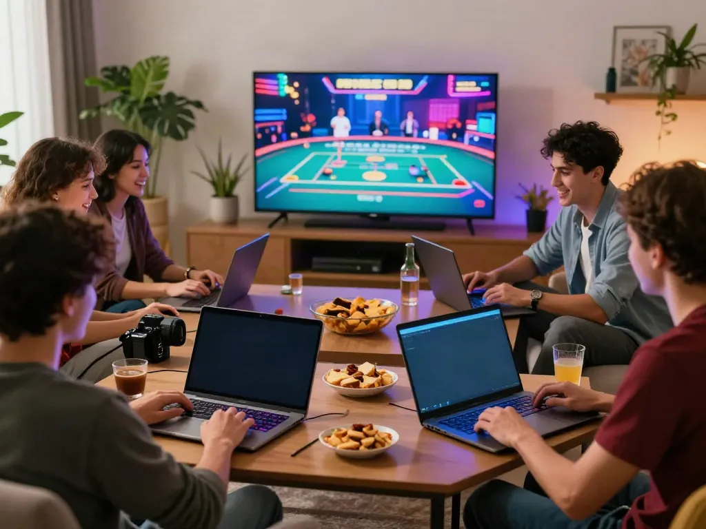 Friends enjoying non GamStop casino UK games in a cozy living room.