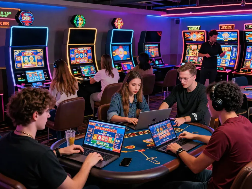 Dynamic group enjoying non gamstop casino UK games in a vibrant virtual casino setting.