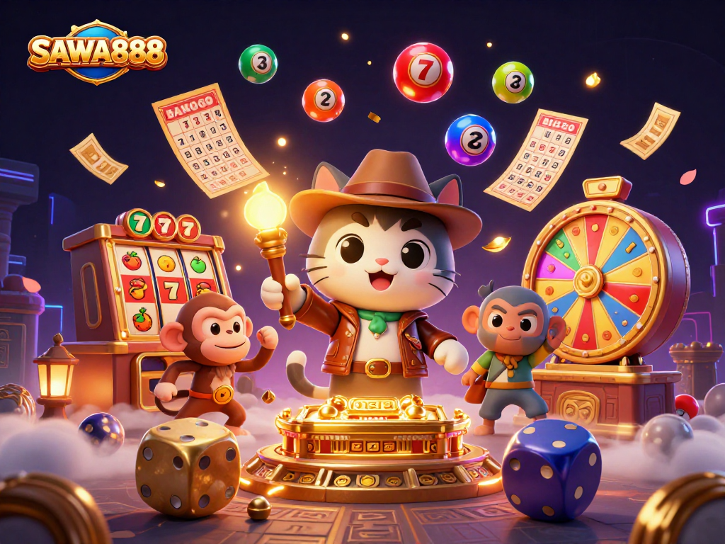 SAWA888 features a cartoon explorer cat and monkey discovering casino artifacts amidst vibrant gambling elements.