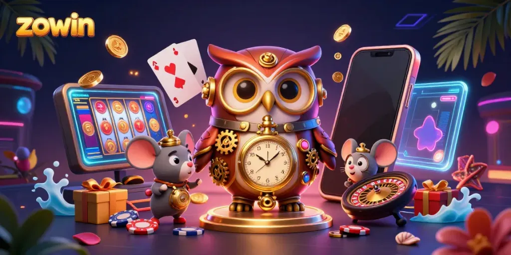 Engage with the charming cartoon time-traveler owl and clockwork mouse as they explore the vibrant world of Zowin casino gaming.