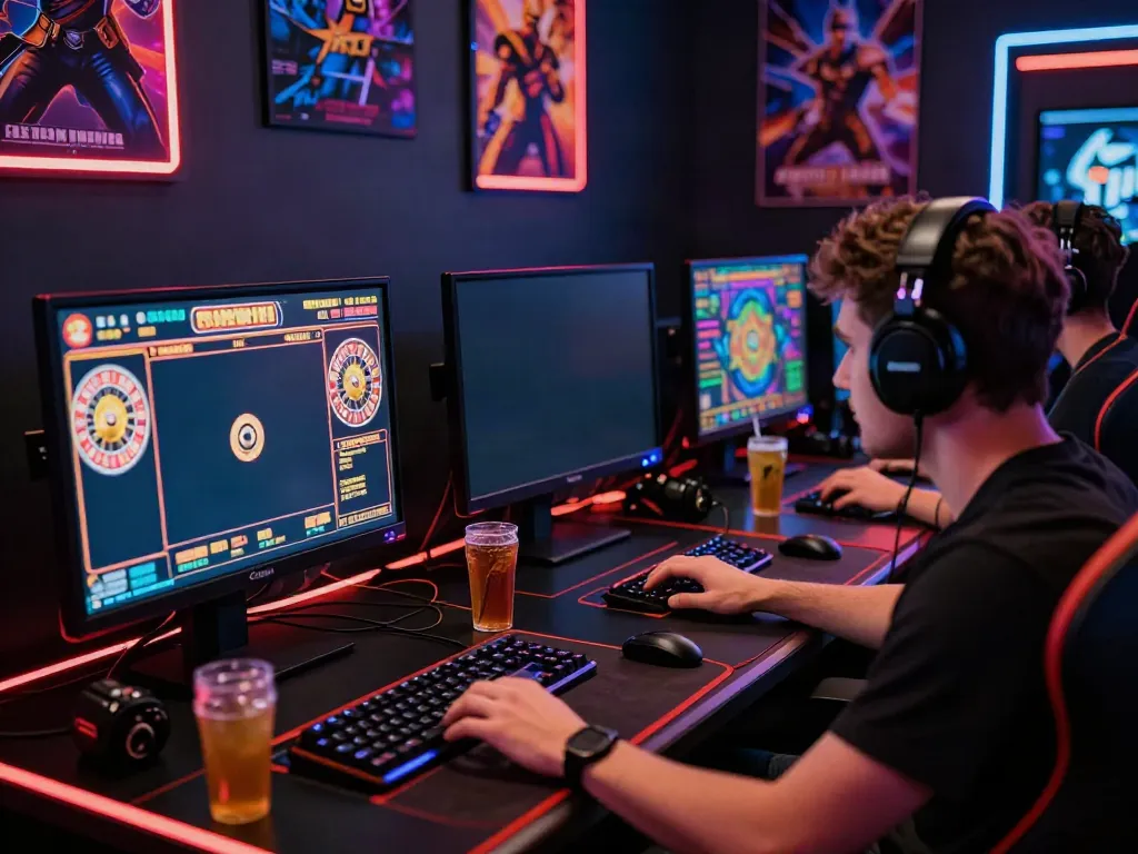 Engaging gamer enjoying non Gamstop casino games on multiple screens.