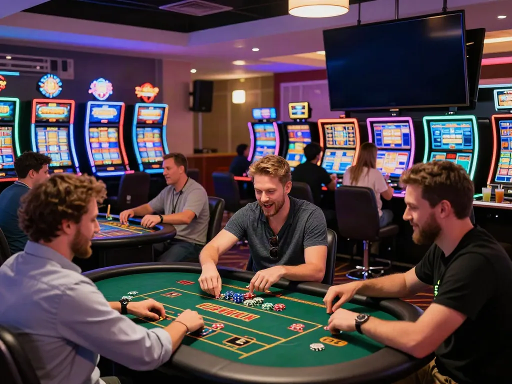 Players enjoying games at a non gamstop casino UK, vibrant atmosphere with modern decor and lively interactions.