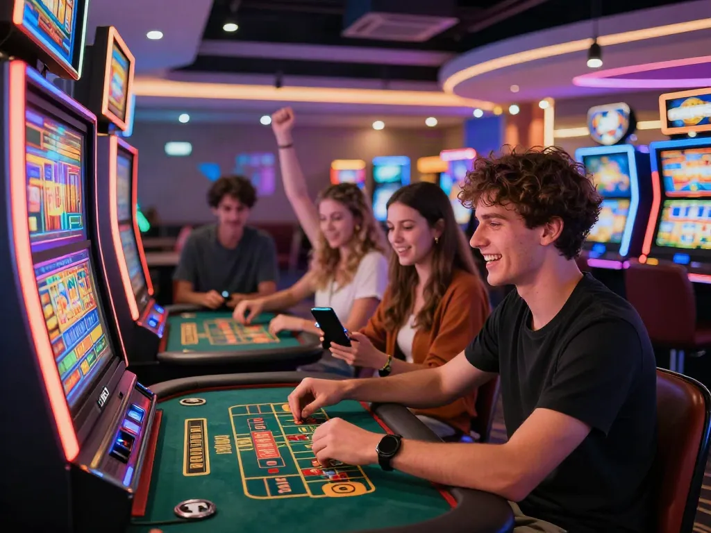 Non Gamstop casino UK gaming lounge with friends cheering and playing slots.