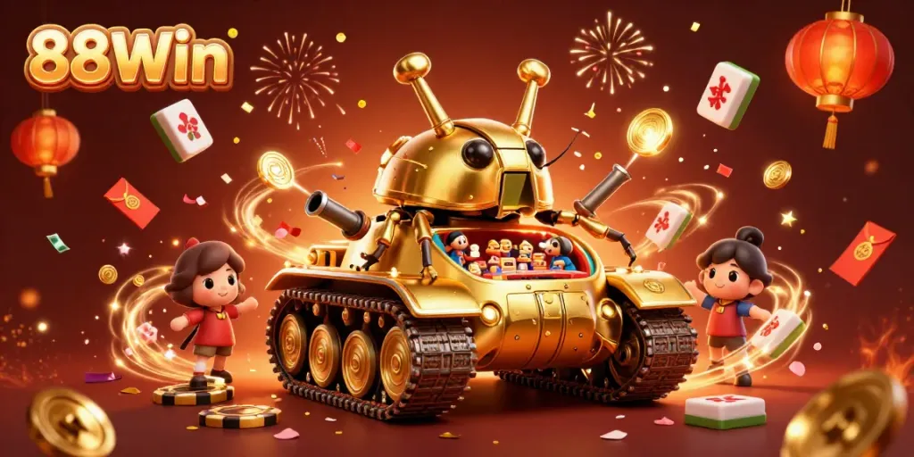 Experience 88Win's buzzing energy with a lively casino scene inside a golden beetle tank celebrating wins.