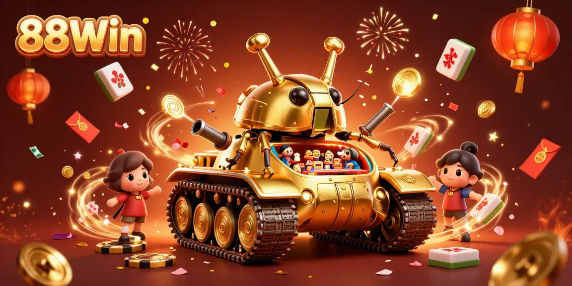 Experience 88Win's buzzing energy with a lively casino scene inside a golden beetle tank celebrating wins.