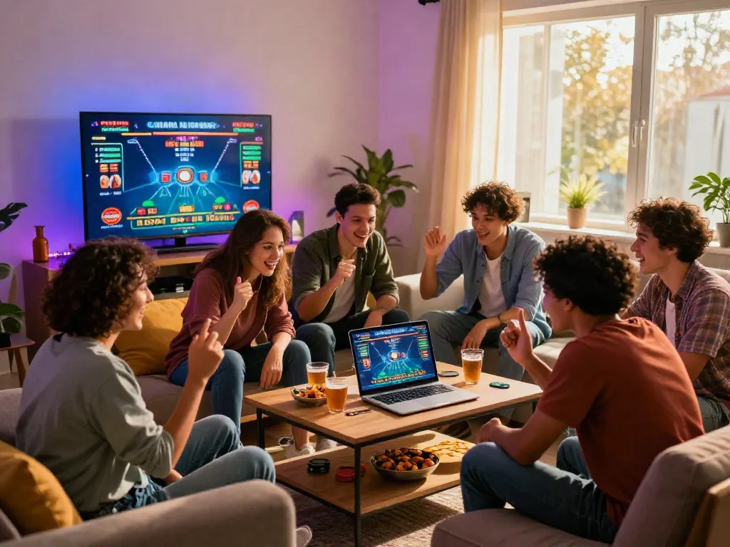 Exciting gaming night with friends at a non gamstop casino uk, showcasing a lively atmosphere and cozy setting.
