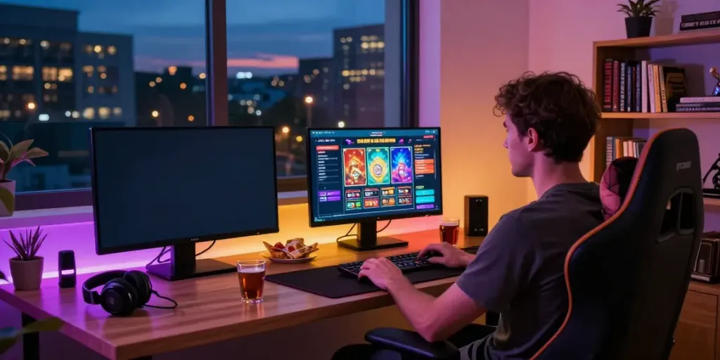 Engaging non gamstop casino uk scene featuring a stylish home gaming setup.