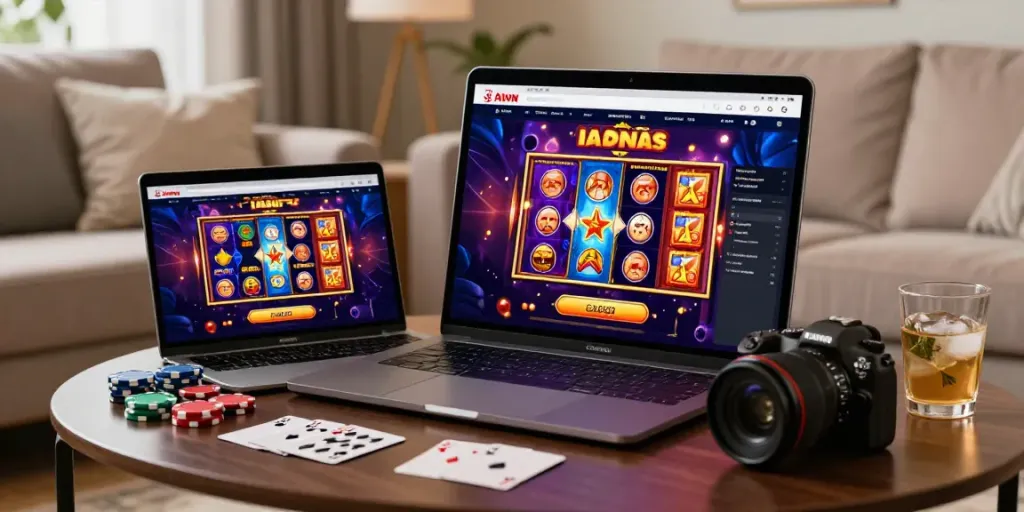 Exciting gaming interface on non Gamstop casino UK laptop in cozy living room.