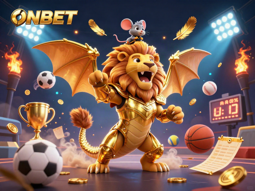 Experience the thrill of winning with ONBET surrounded by dynamic sports elements and golden treasures.