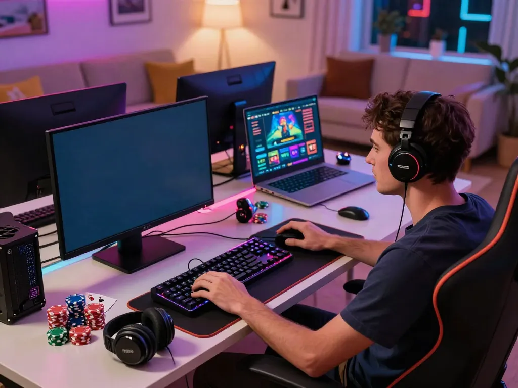 Engaging non gamstop casino uk gaming scene with player and vibrant setup