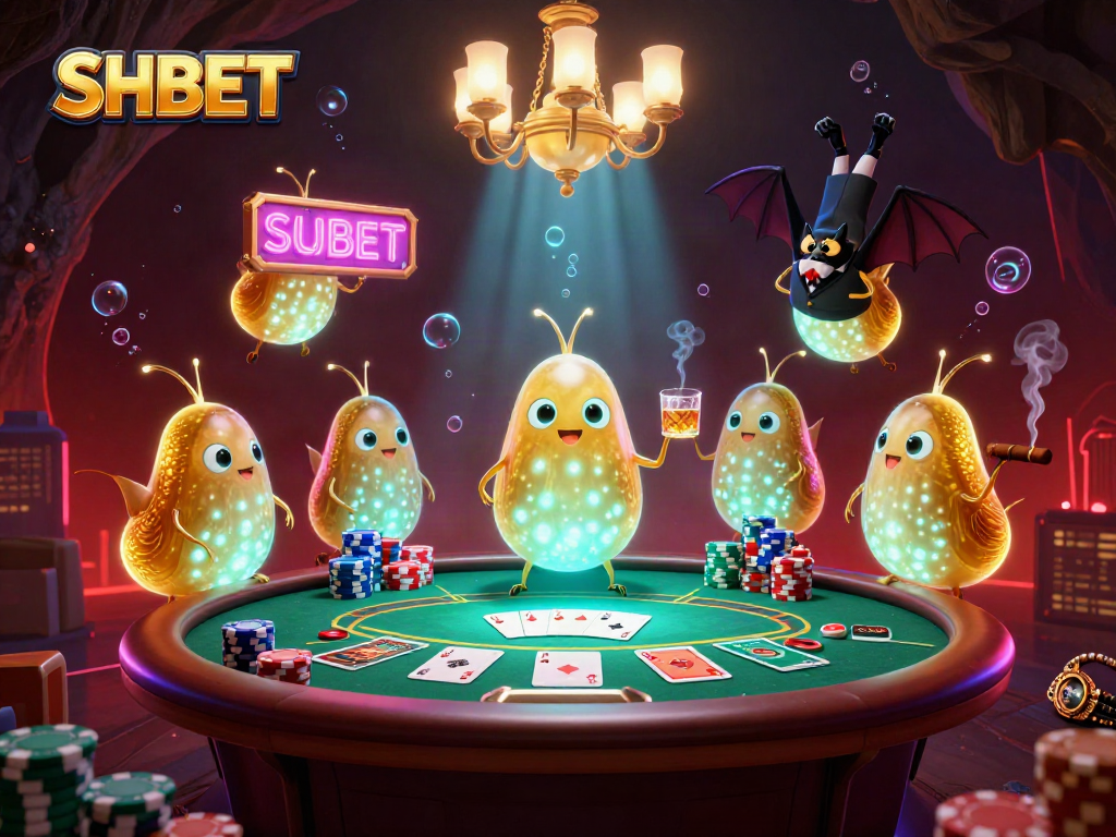Experience thrilling gameplay in SHBET's vibrant casino scene illuminated by glowing creatures.