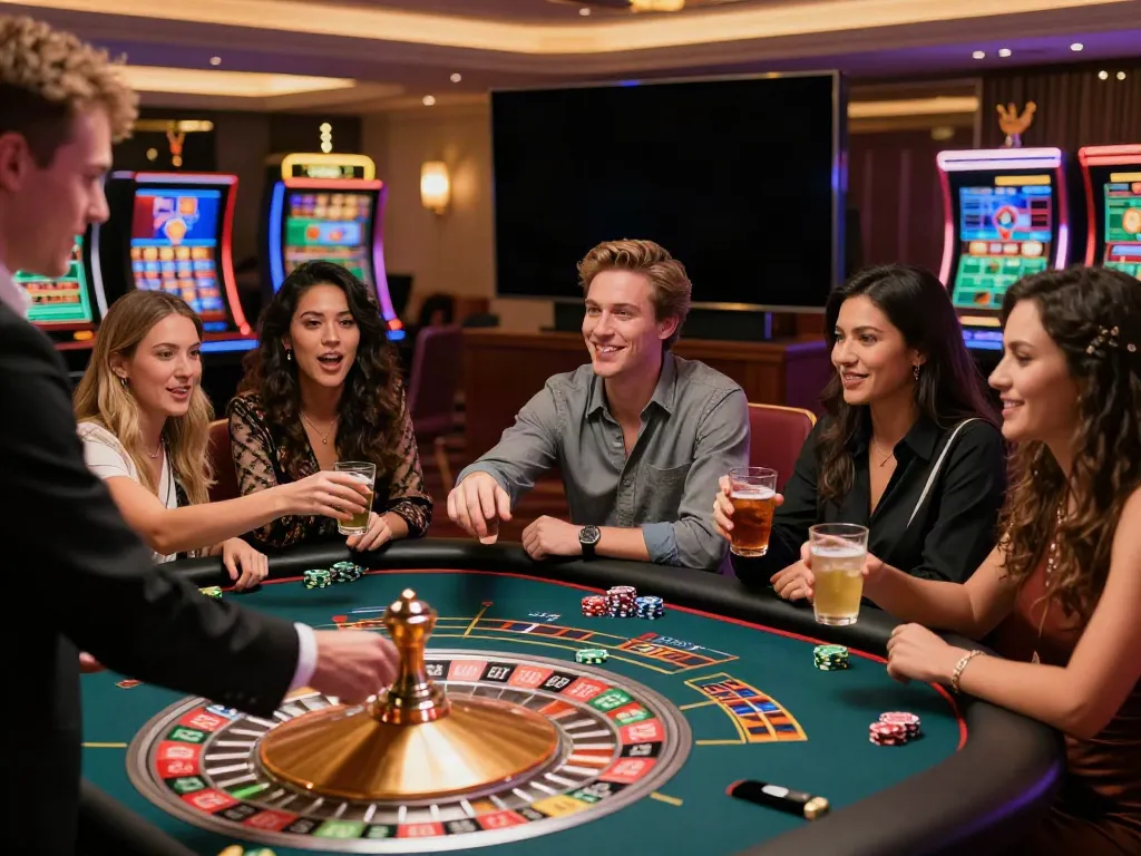 Friends enjoying the excitement of a non Gamstop casino UK with roulette and drinks.