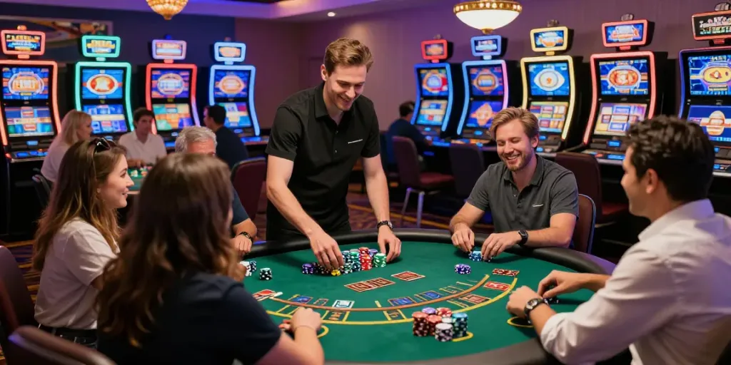Players enjoying blackjack at a vibrant non GamStop casino UK, showcasing excitement and camaraderie.
