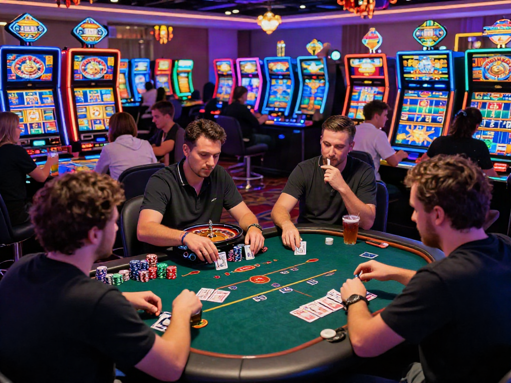 Non Gamstop casino UK scene with players enjoying vibrant gaming atmosphere and lively tables.