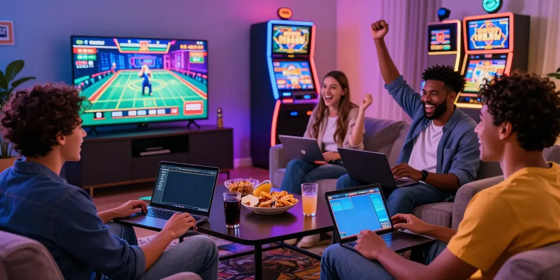 Friends enjoying a lively non gamstop casino uk gaming night at home.