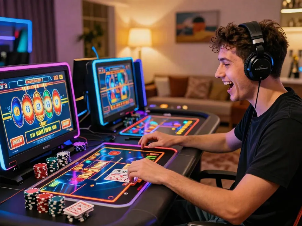 Engaged player in a dynamic gaming setup featuring a non gamstop casino uk atmosphere with vibrant visuals and gaming accessories.